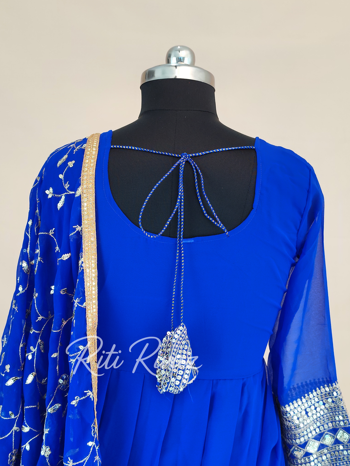 Indian Party Wear Royal Blue Georgette Gown With Heavy Embroidery Sequence Work And Dupatta For Women, Designer Gown, Traditional Dress