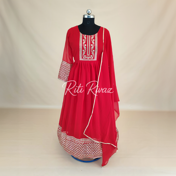 Indian Partywear Red Georgette Anarkali Gown With Heavy Embroidery Sequence Work And Dupatta For Women, Designer Gown, Traditional Dress