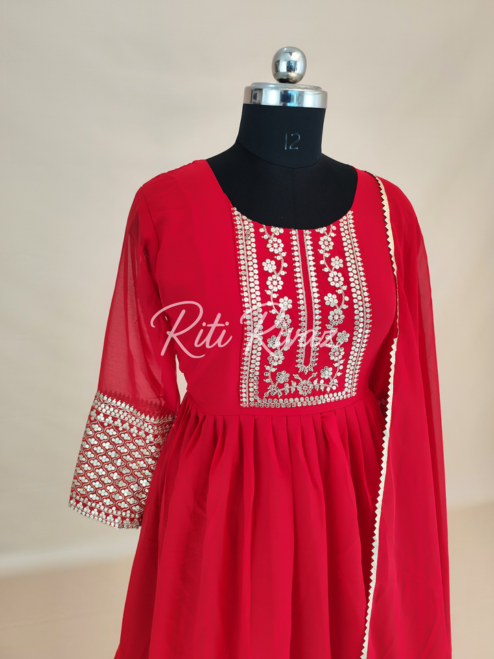 Indian Partywear Red Georgette Anarkali Gown With Heavy Embroidery Sequence Work And Dupatta For Women, Designer Gown, Traditional Dress
