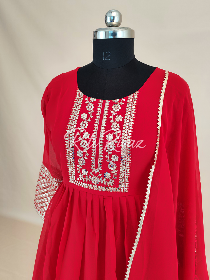 Indian Partywear Red Georgette Anarkali Gown With Heavy Embroidery Sequence Work And Dupatta For Women, Designer Gown, Traditional Dress