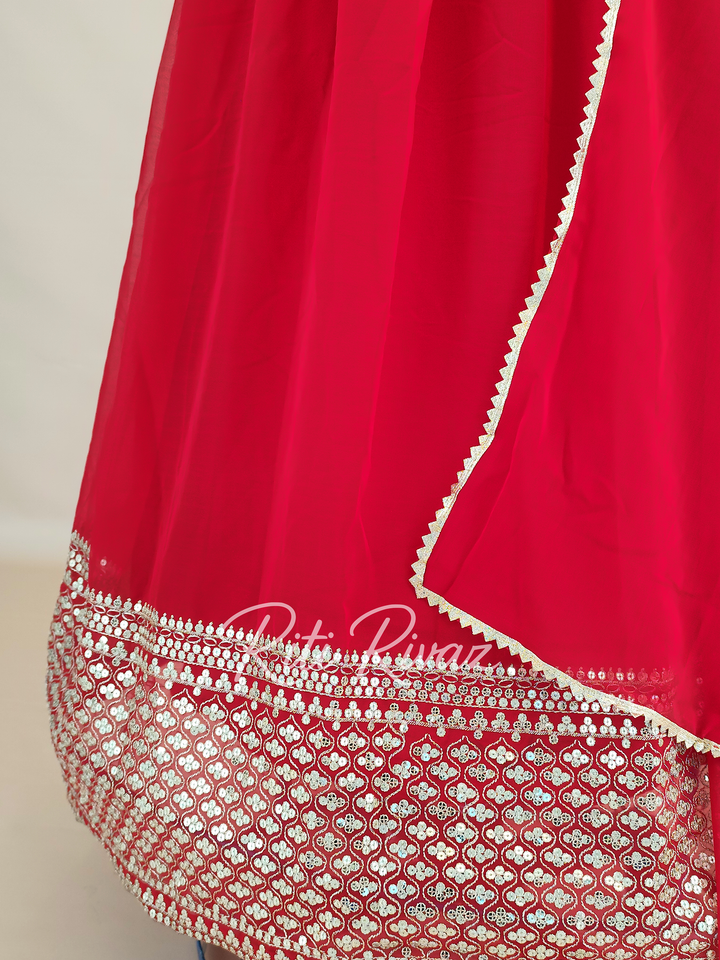Indian Partywear Red Georgette Anarkali Gown With Heavy Embroidery Sequence Work And Dupatta For Women, Designer Gown, Traditional Dress