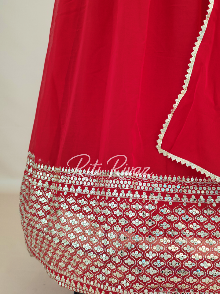 Indian Partywear Red Georgette Anarkali Gown With Heavy Embroidery Sequence Work And Dupatta For Women, Designer Gown, Traditional Dress