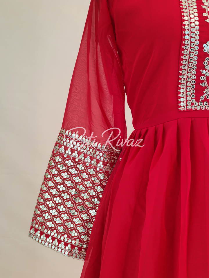 Indian Partywear Red Georgette Anarkali Gown With Heavy Embroidery Sequence Work And Dupatta For Women, Designer Gown, Traditional Dress