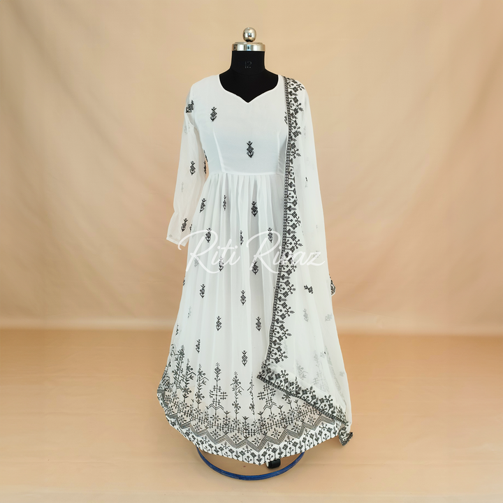 Indian Wear White Georgette Gown With Embroidery Work And Dupatta For Women, Ethnic Wear, Bridesmaid Gift, Formal Occasion Outfit