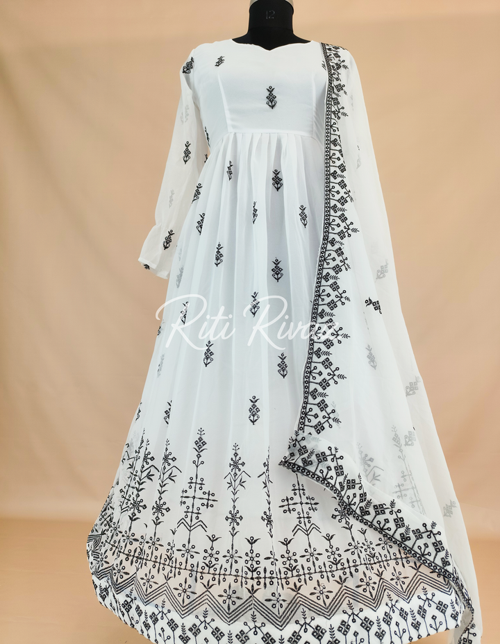 Indian Wear White Georgette Gown With Embroidery Work And Dupatta For Women, Ethnic Wear, Bridesmaid Gift, Formal Occasion Outfit