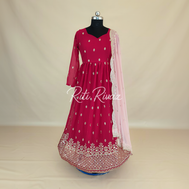 Pink Georgette Gown With Sequence Embroidery Work And Dupatta For Women, Anarkali Kurti, Long Flared Dress, Indian Wear Bridesmaid Dress