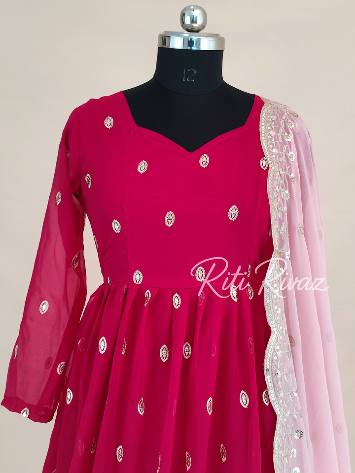 Pink Georgette Gown With Sequence Embroidery Work And Dupatta For Women, Anarkali Kurti, Long Flared Dress, Indian Wear Bridesmaid Dress