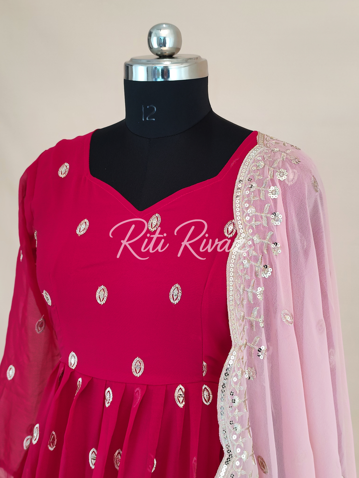 Pink Georgette Gown With Sequence Embroidery Work And Dupatta For Women, Anarkali Kurti, Long Flared Dress, Indian Wear Bridesmaid Dress