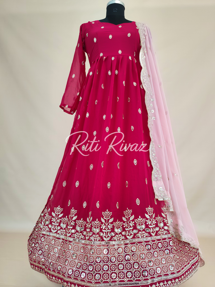 Pink Georgette Gown With Sequence Embroidery Work And Dupatta For Women, Anarkali Kurti, Long Flared Dress, Indian Wear Bridesmaid Dress