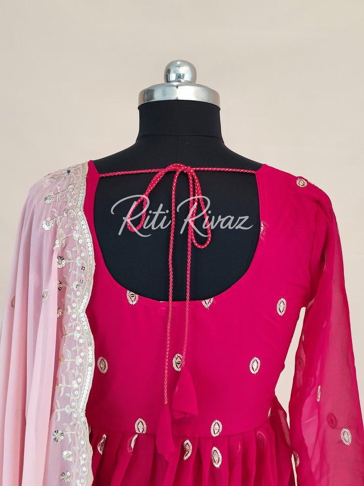 Pink Georgette Gown With Sequence Embroidery Work And Dupatta For Women, Anarkali Kurti, Long Flared Dress, Indian Wear Bridesmaid Dress