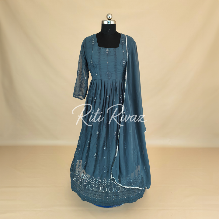 Indian Wear Gray Georgette Gown With Sequence Embroidery Work And Dupatta For Women, Anarkali Kurti, Long Flared Dress, Bridesmaid Dress