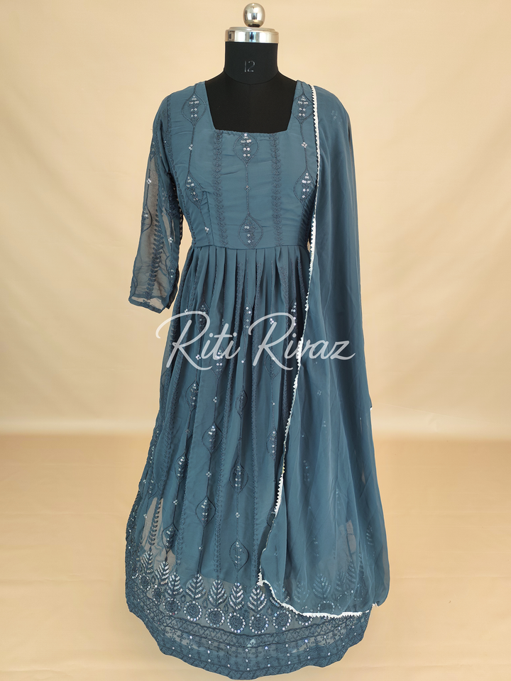 Indian Wear Gray Georgette Gown With Sequence Embroidery Work And Dupatta For Women, Anarkali Kurti, Long Flared Dress, Bridesmaid Dress