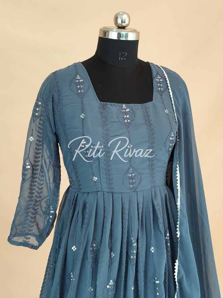 Indian Wear Gray Georgette Gown With Sequence Embroidery Work And Dupatta For Women, Anarkali Kurti, Long Flared Dress, Bridesmaid Dress