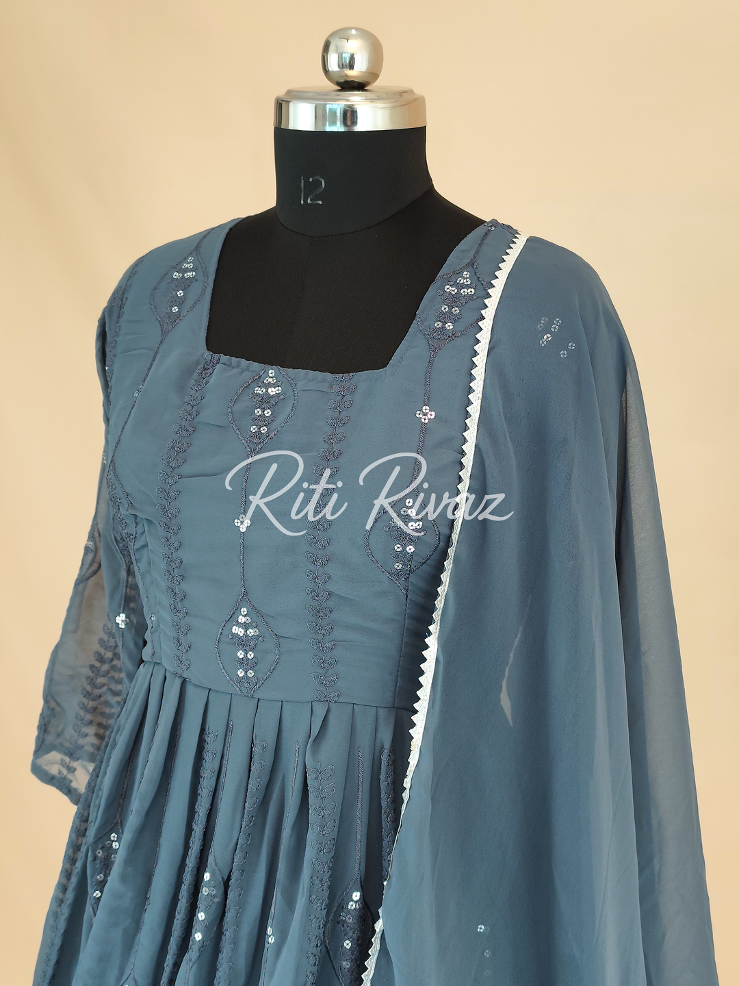 Indian Wear Gray Georgette Gown With Sequence Embroidery Work And Dupatta For Women, Anarkali Kurti, Long Flared Dress, Bridesmaid Dress