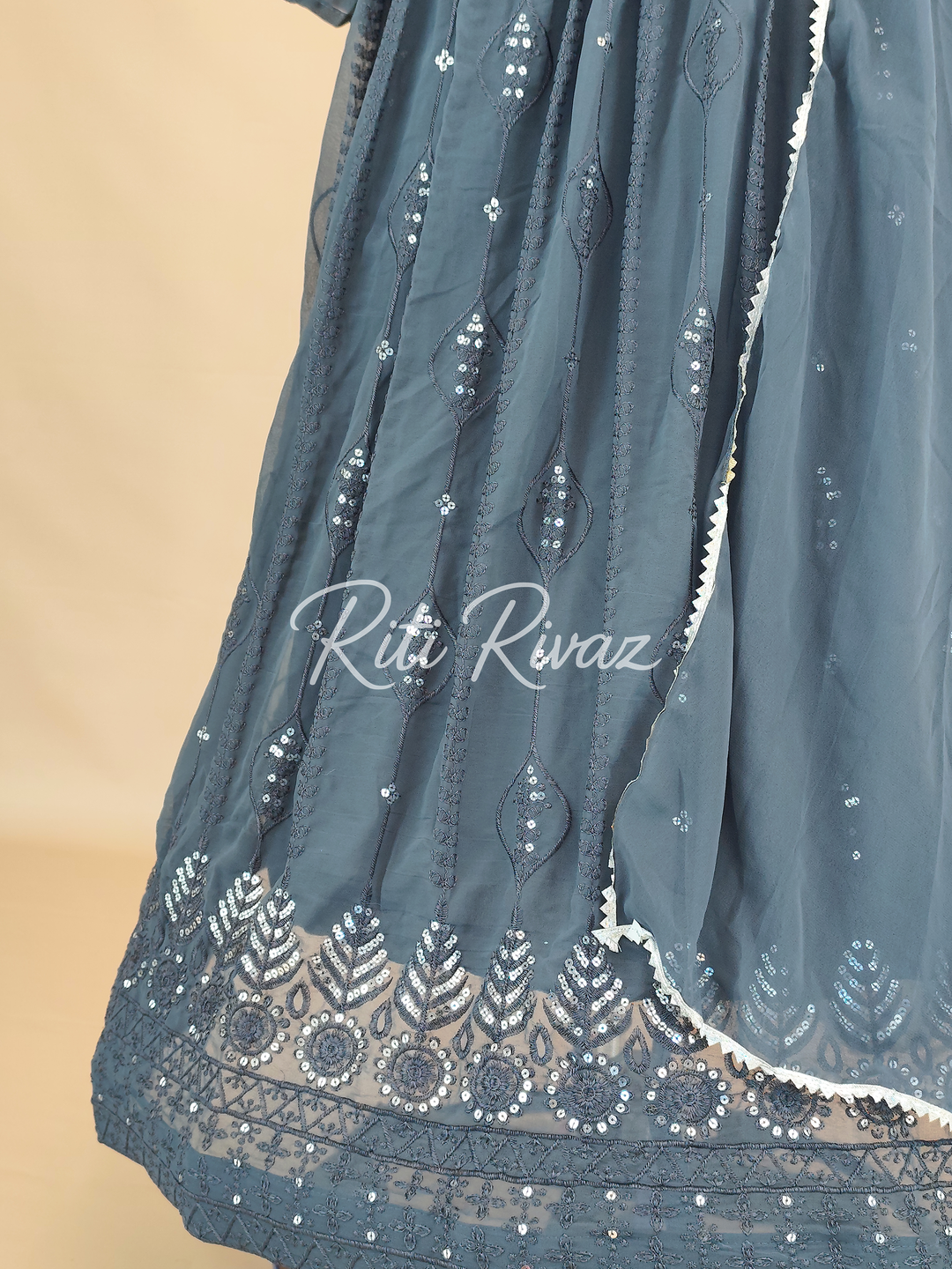 Indian Wear Gray Georgette Gown With Sequence Embroidery Work And Dupatta For Women, Anarkali Kurti, Long Flared Dress, Bridesmaid Dress