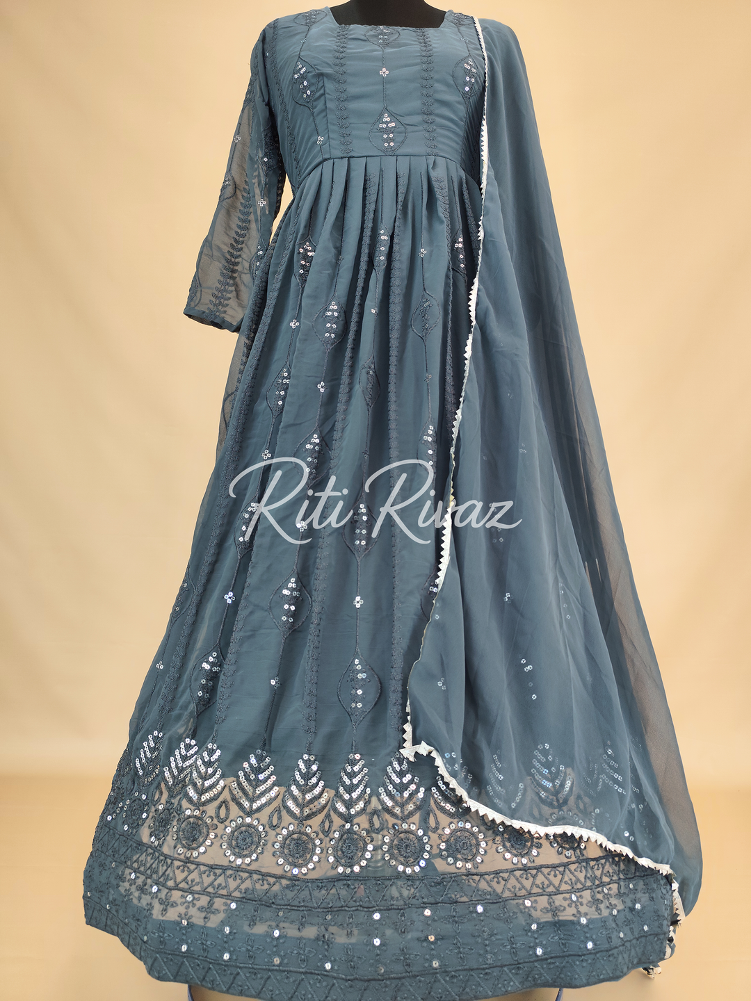 Indian Wear Gray Georgette Gown With Sequence Embroidery Work And Dupatta For Women, Anarkali Kurti, Long Flared Dress, Bridesmaid Dress