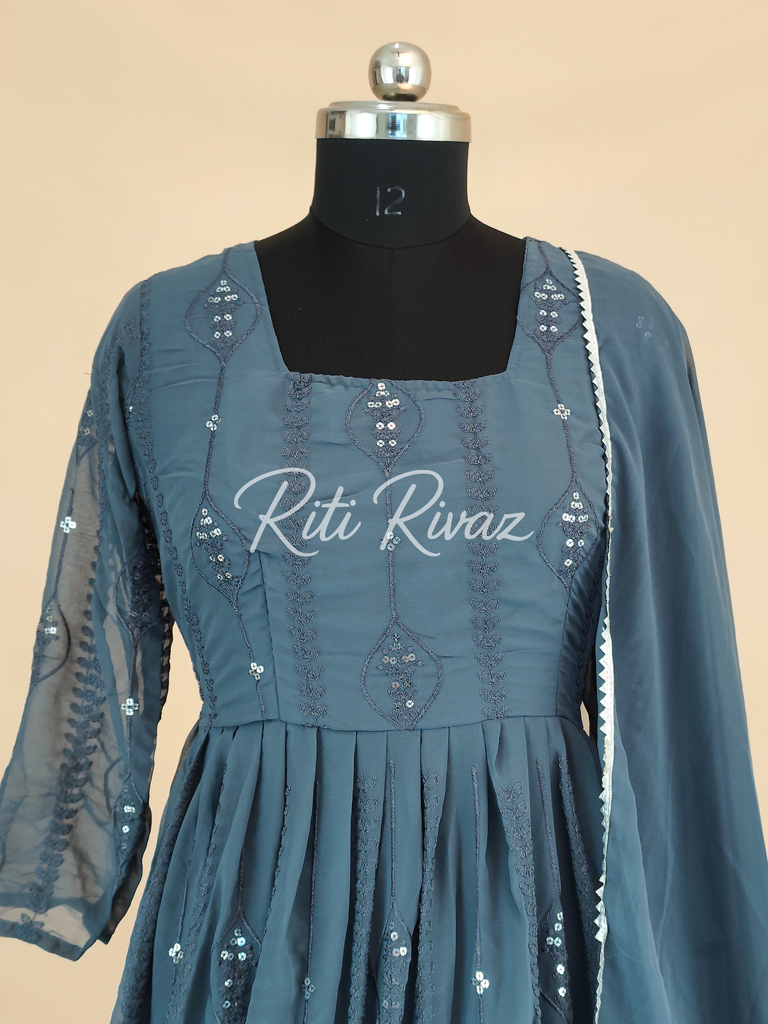 Indian Wear Gray Georgette Gown With Sequence Embroidery Work And Dupatta For Women, Anarkali Kurti, Long Flared Dress, Bridesmaid Dress