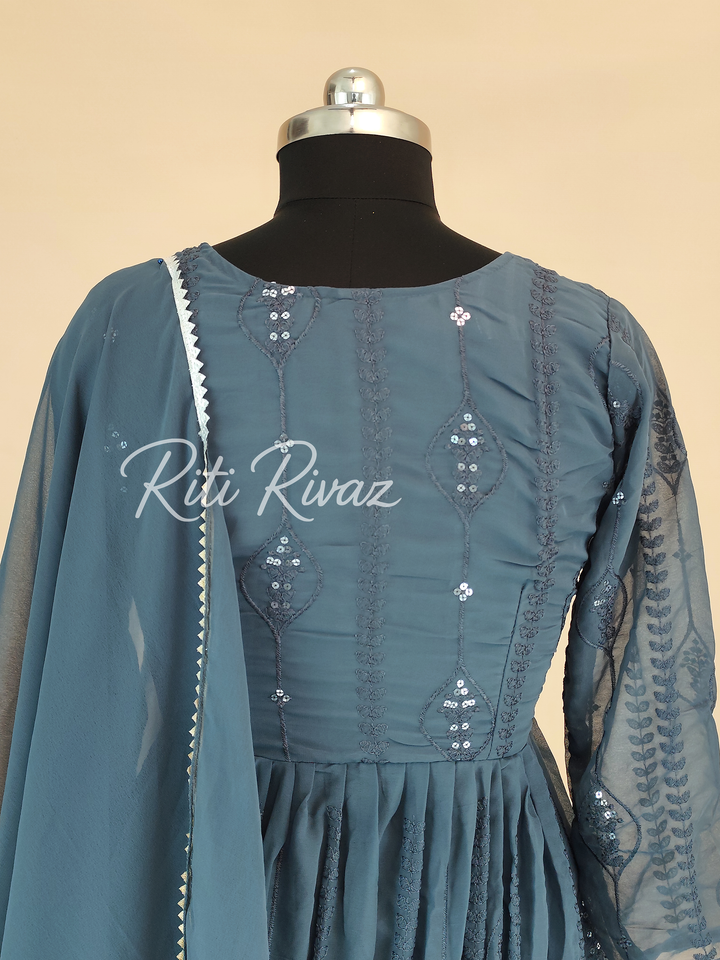 Indian Wear Gray Georgette Gown With Sequence Embroidery Work And Dupatta For Women, Anarkali Kurti, Long Flared Dress, Bridesmaid Dress