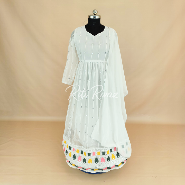 White Georgette Gown With Embroidery Sequence Work And Dupatta For Women, Anarkali Kurti, Long Flared Dress For Wedding, Dress For Wedding