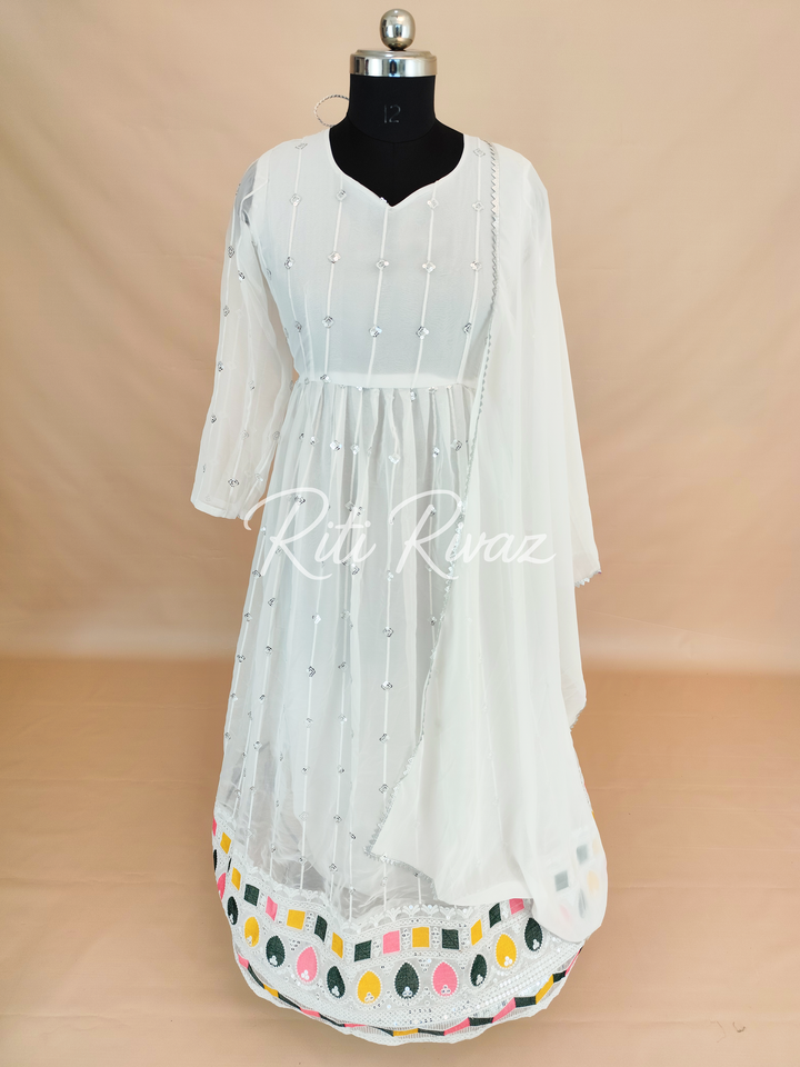 White Georgette Gown With Embroidery Sequence Work And Dupatta For Women, Anarkali Kurti, Long Flared Dress For Wedding, Dress For Wedding