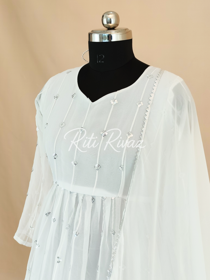 White Georgette Gown With Embroidery Sequence Work And Dupatta For Women, Anarkali Kurti, Long Flared Dress For Wedding, Dress For Wedding