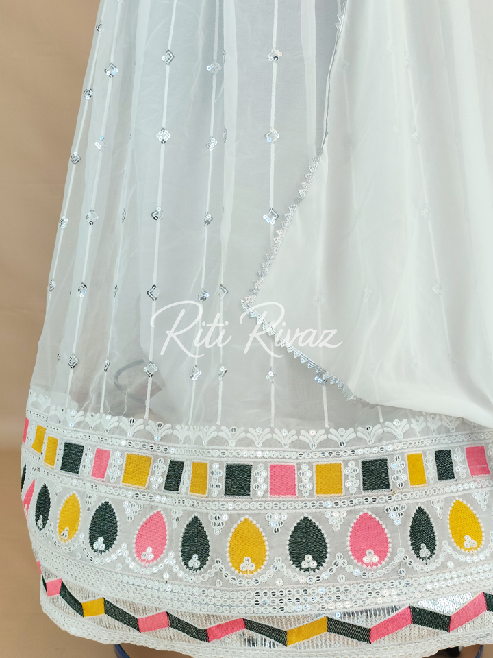 White Georgette Gown With Embroidery Sequence Work And Dupatta For Women, Anarkali Kurti, Long Flared Dress For Wedding, Dress For Wedding