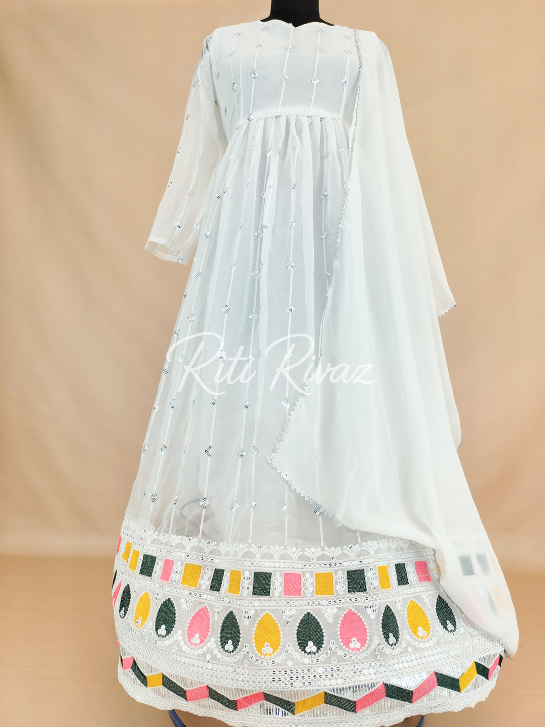 White Georgette Gown With Embroidery Sequence Work And Dupatta For Women, Anarkali Kurti, Long Flared Dress For Wedding, Dress For Wedding