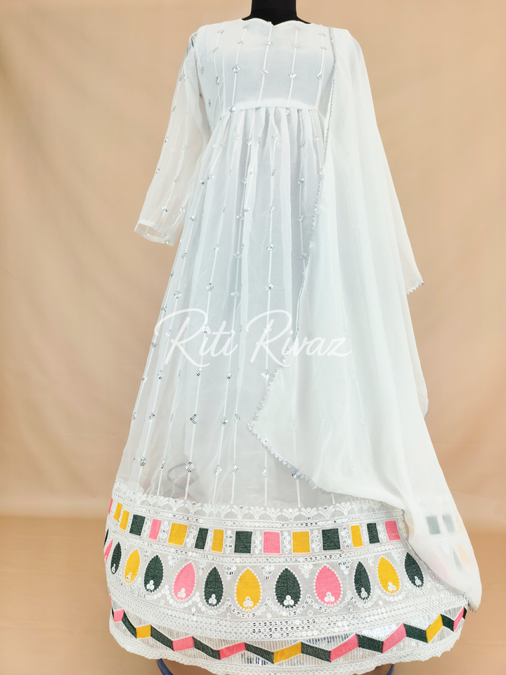 White Georgette Gown With Embroidery Sequence Work And Dupatta For Women, Anarkali Kurti, Long Flared Dress For Wedding, Dress For Wedding