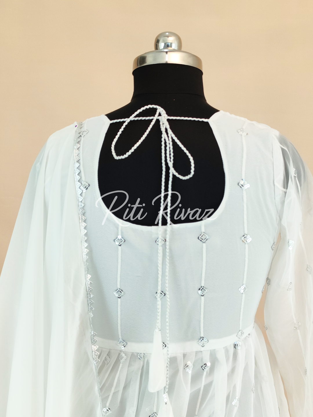 White Georgette Gown With Embroidery Sequence Work And Dupatta For Women, Anarkali Kurti, Long Flared Dress For Wedding, Dress For Wedding