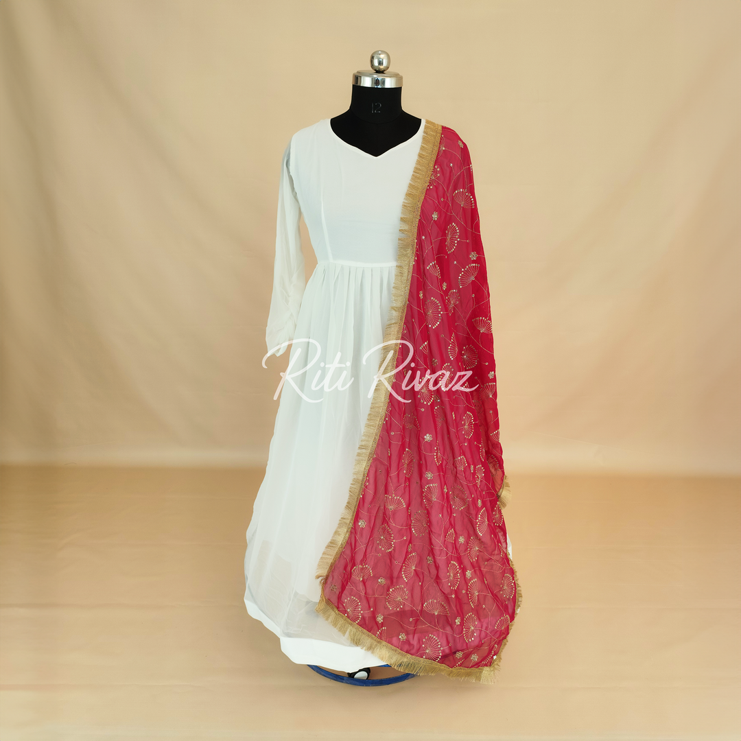 Indian Partywear White Georgette Anarkali Gown With Heavy Embroidery Sequence Work And Dupatta For Women, Designer Gown,Traditional Dress