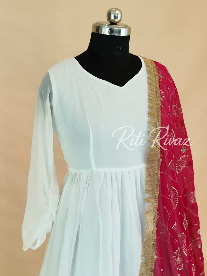 Indian Partywear White Georgette Anarkali Gown With Heavy Embroidery Sequence Work And Dupatta For Women, Designer Gown,Traditional Dress