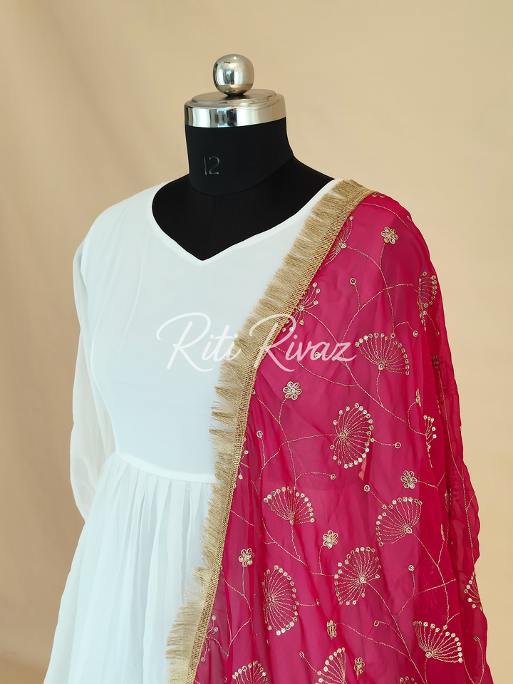 Indian Partywear White Georgette Anarkali Gown With Heavy Embroidery Sequence Work And Dupatta For Women, Designer Gown,Traditional Dress