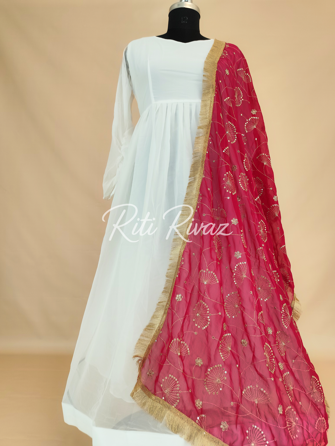 Indian Partywear White Georgette Anarkali Gown With Heavy Embroidery Sequence Work And Dupatta For Women, Designer Gown,Traditional Dress