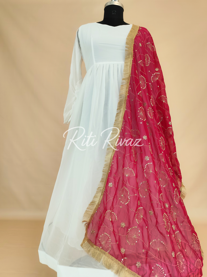 Indian Partywear White Georgette Anarkali Gown With Heavy Embroidery Sequence Work And Dupatta For Women, Designer Gown,Traditional Dress