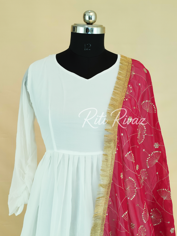 Indian Partywear White Georgette Anarkali Gown With Heavy Embroidery Sequence Work And Dupatta For Women, Designer Gown,Traditional Dress