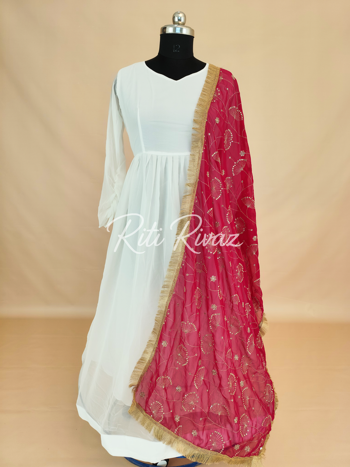 Indian Partywear White Georgette Anarkali Gown With Heavy Embroidery Sequence Work And Dupatta For Women, Designer Gown,Traditional Dress