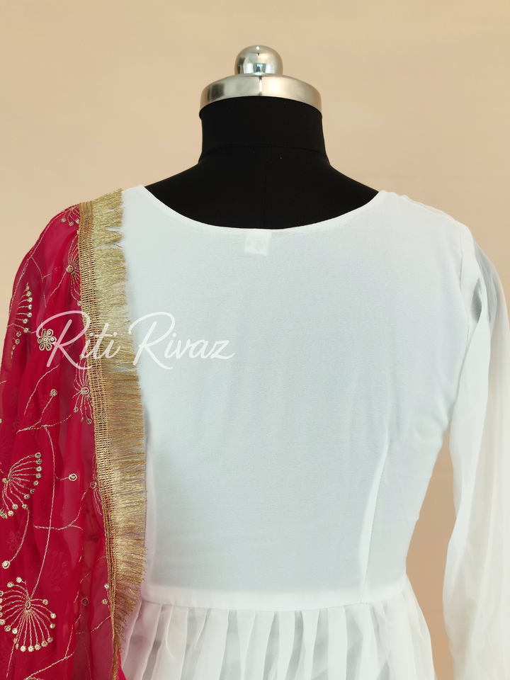 Indian Partywear White Georgette Anarkali Gown With Heavy Embroidery Sequence Work And Dupatta For Women, Designer Gown,Traditional Dress