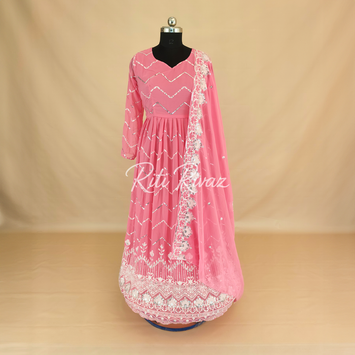 Indian Wear Pink Georgette Gown With Sequence Embroidery Work And Dupatta For Women, Anarkali Kurti, Long Flared Dress, Bridesmaid Dress