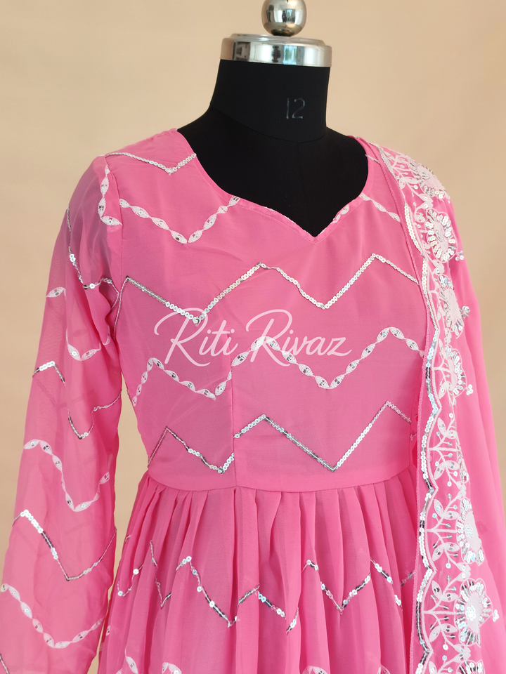 Indian Wear Pink Georgette Gown With Sequence Embroidery Work And Dupatta For Women, Anarkali Kurti, Long Flared Dress, Bridesmaid Dress