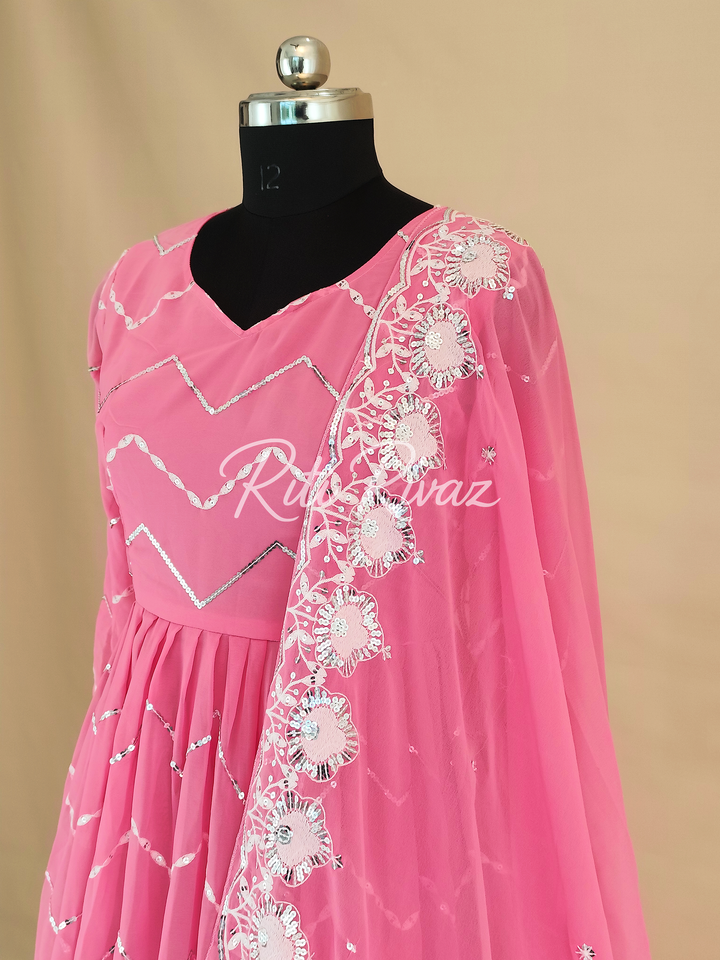 Indian Wear Pink Georgette Gown With Sequence Embroidery Work And Dupatta For Women, Anarkali Kurti, Long Flared Dress, Bridesmaid Dress