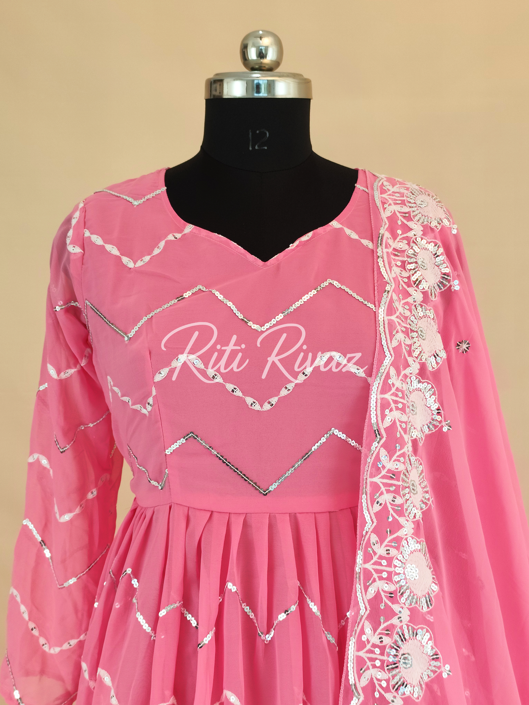 Indian Wear Pink Georgette Gown With Sequence Embroidery Work And Dupatta For Women, Anarkali Kurti, Long Flared Dress, Bridesmaid Dress