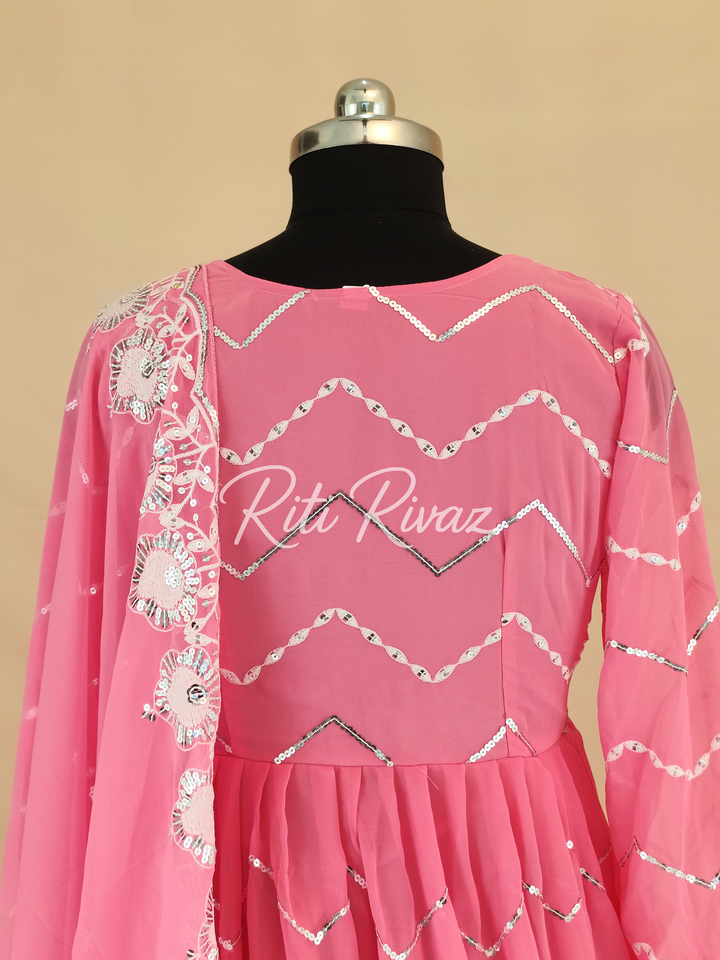 Indian Wear Pink Georgette Gown With Sequence Embroidery Work And Dupatta For Women, Anarkali Kurti, Long Flared Dress, Bridesmaid Dress