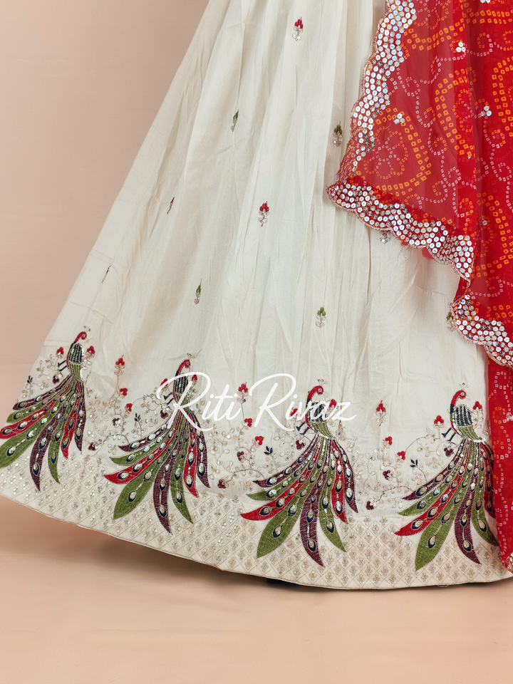 Beige and Red Color Pure Tissue silk Heavy Embroidery Sequence And Thread Work Navratri Ready To Wear Lehenga Choli, Bandhani Print