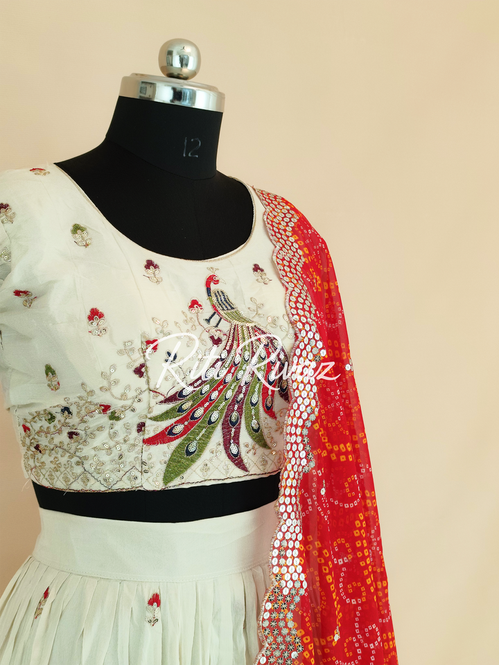 Beige and Red Color Pure Tissue silk Heavy Embroidery Sequence And Thread Work Navratri Ready To Wear Lehenga Choli, Bandhani Print