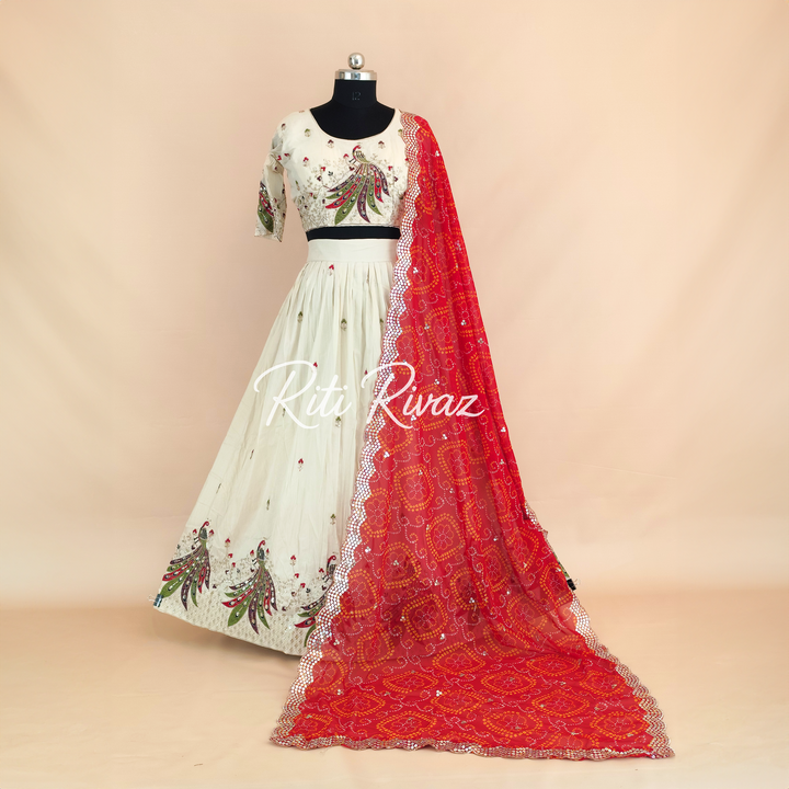 Beige and Red Color Pure Tissue silk Heavy Embroidery Sequence And Thread Work Navratri Ready To Wear Lehenga Choli, Bandhani Print