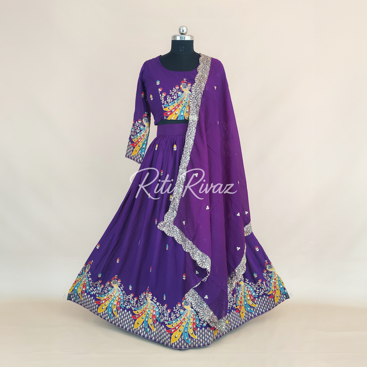 Purple Color Pure Vichitra Silk Heavy Embroidery Sequence And Thread Work Navratri Ready To Wear Lehenga Choli, Garba Lehenga,Stitched Choli