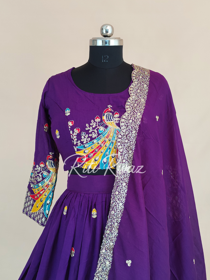 Purple Color Pure Vichitra Silk Heavy Embroidery Sequence And Thread Work Navratri Ready To Wear Lehenga Choli, Garba Lehenga,Stitched Choli