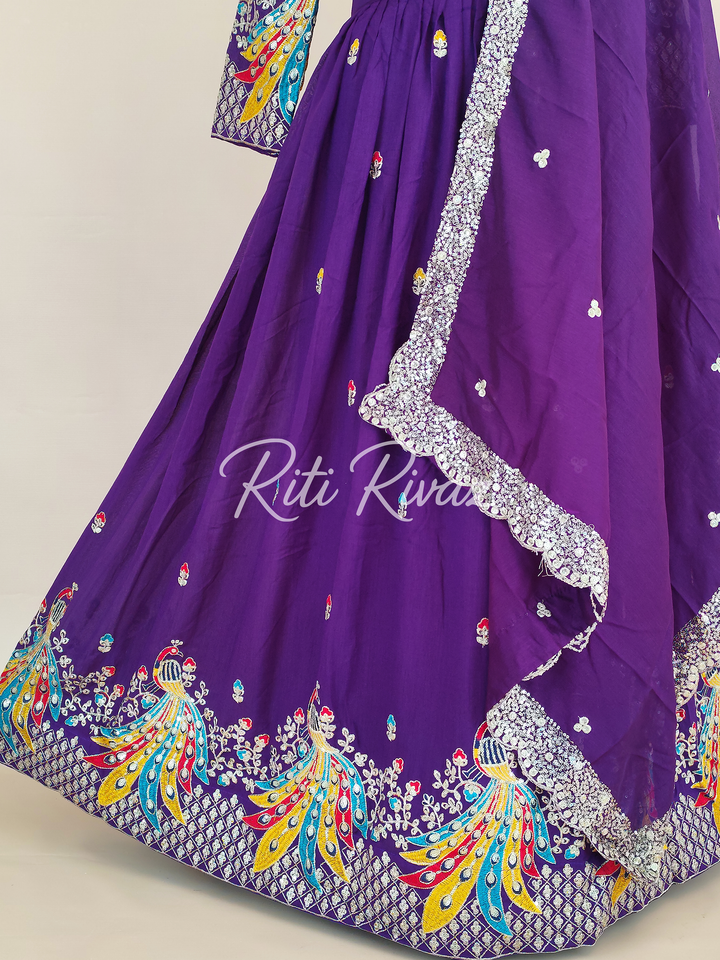 Purple Color Pure Vichitra Silk Heavy Embroidery Sequence And Thread Work Navratri Ready To Wear Lehenga Choli, Garba Lehenga,Stitched Choli