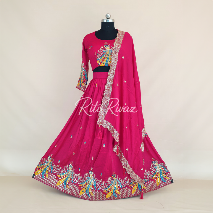 Pink Color Pure Vichitra Silk Heavy Embroidery Sequence And Thread Work Navratri Ready To Wear Lehenga Choli, Garba Lehenga, Stitched Choli