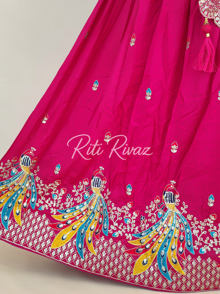 Pink Color Pure Vichitra Silk Heavy Embroidery Sequence And Thread Work Navratri Ready To Wear Lehenga Choli, Garba Lehenga, Stitched Choli